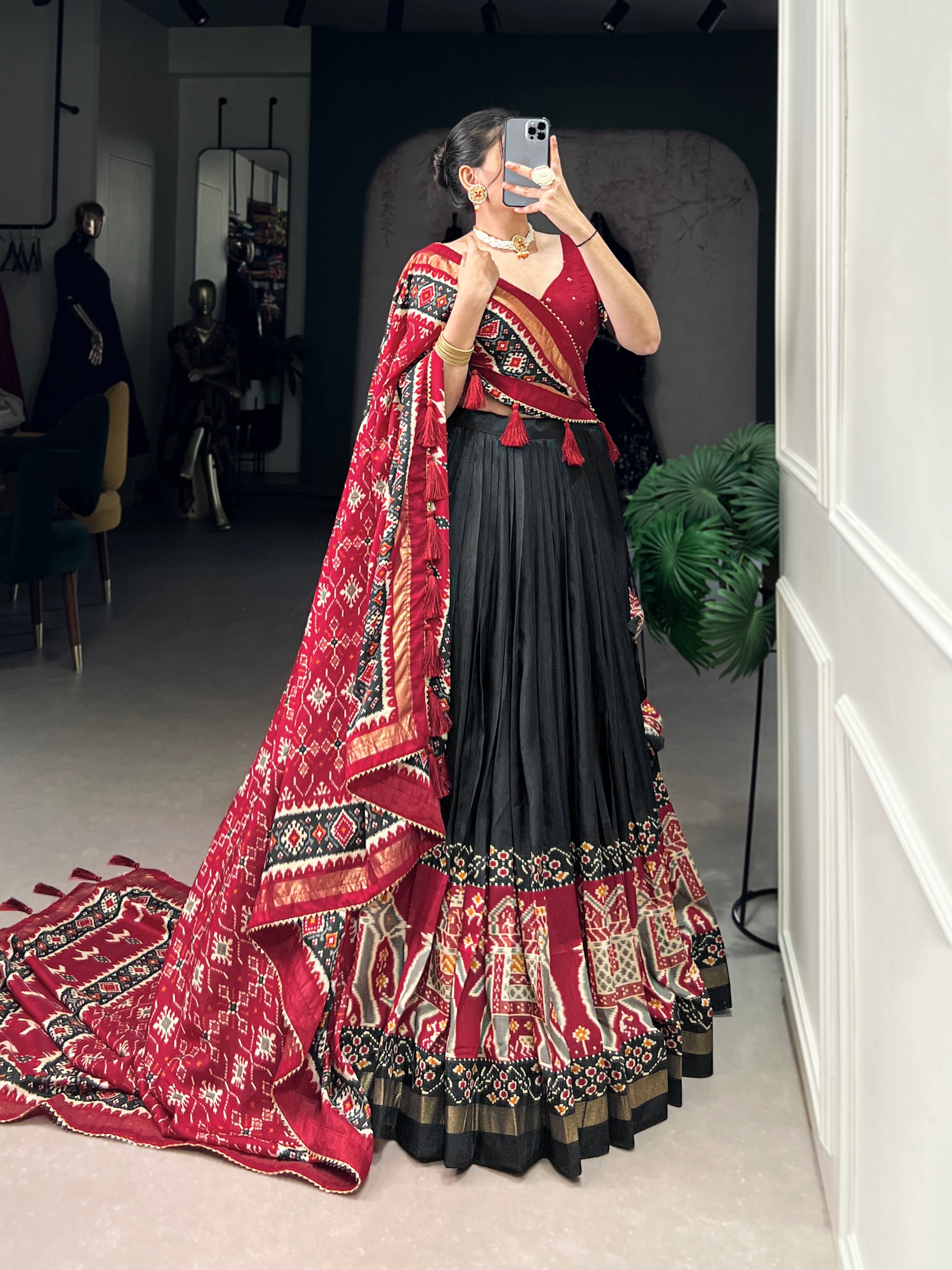 Ethnic Black Maroon Lehenga Choli with Tassels & Patola Print