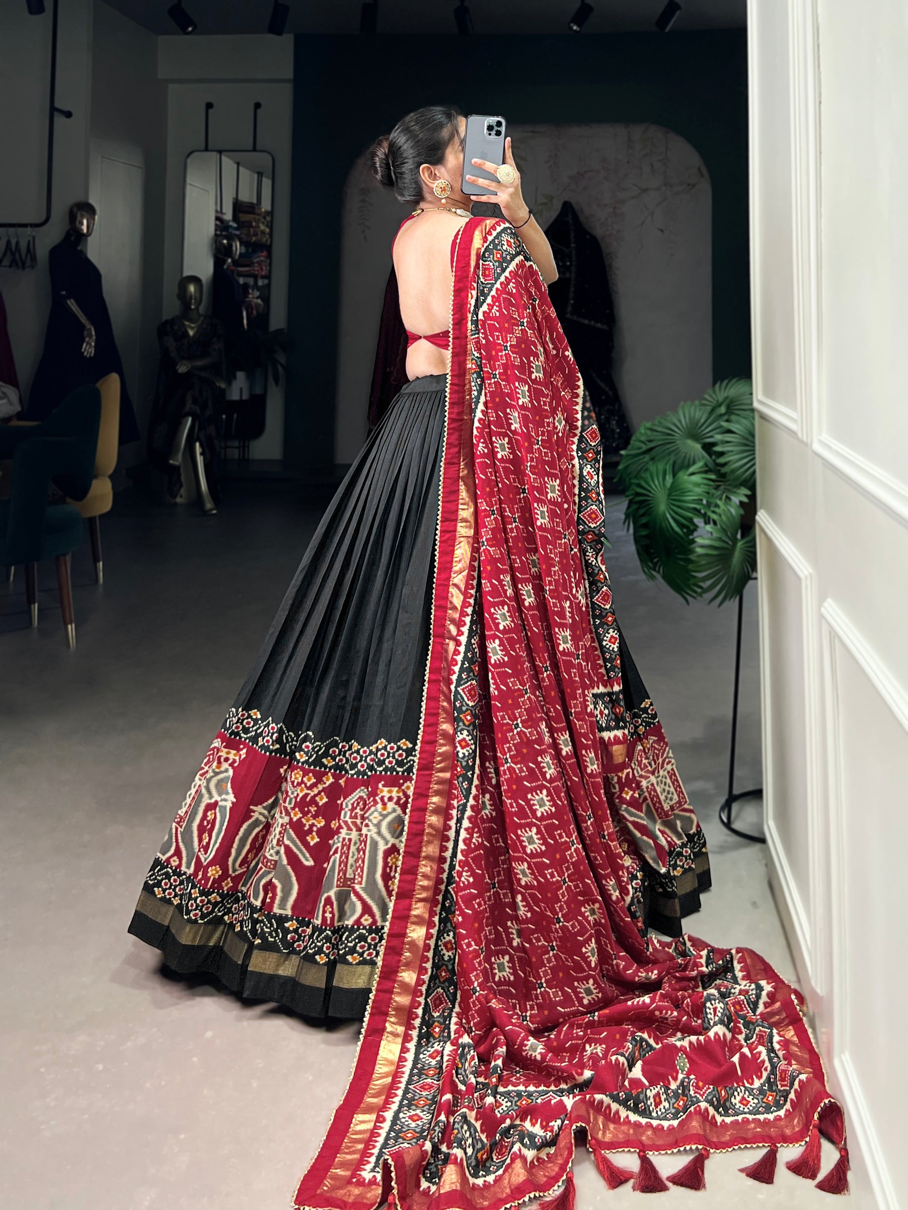 Ethnic Black Maroon Lehenga Choli with Tassels & Patola Print