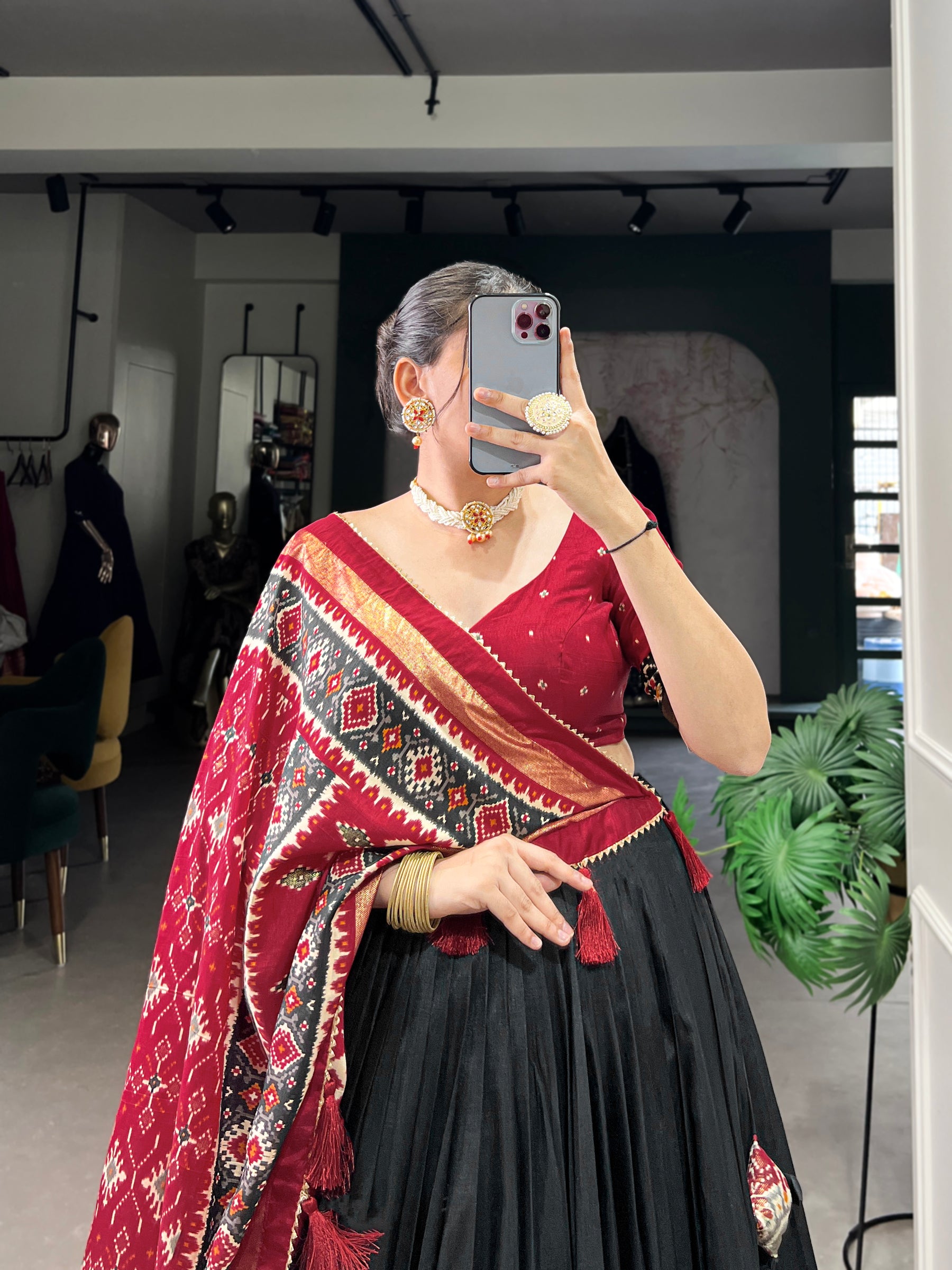 Ethnic Black Maroon Lehenga Choli with Tassels & Patola Print