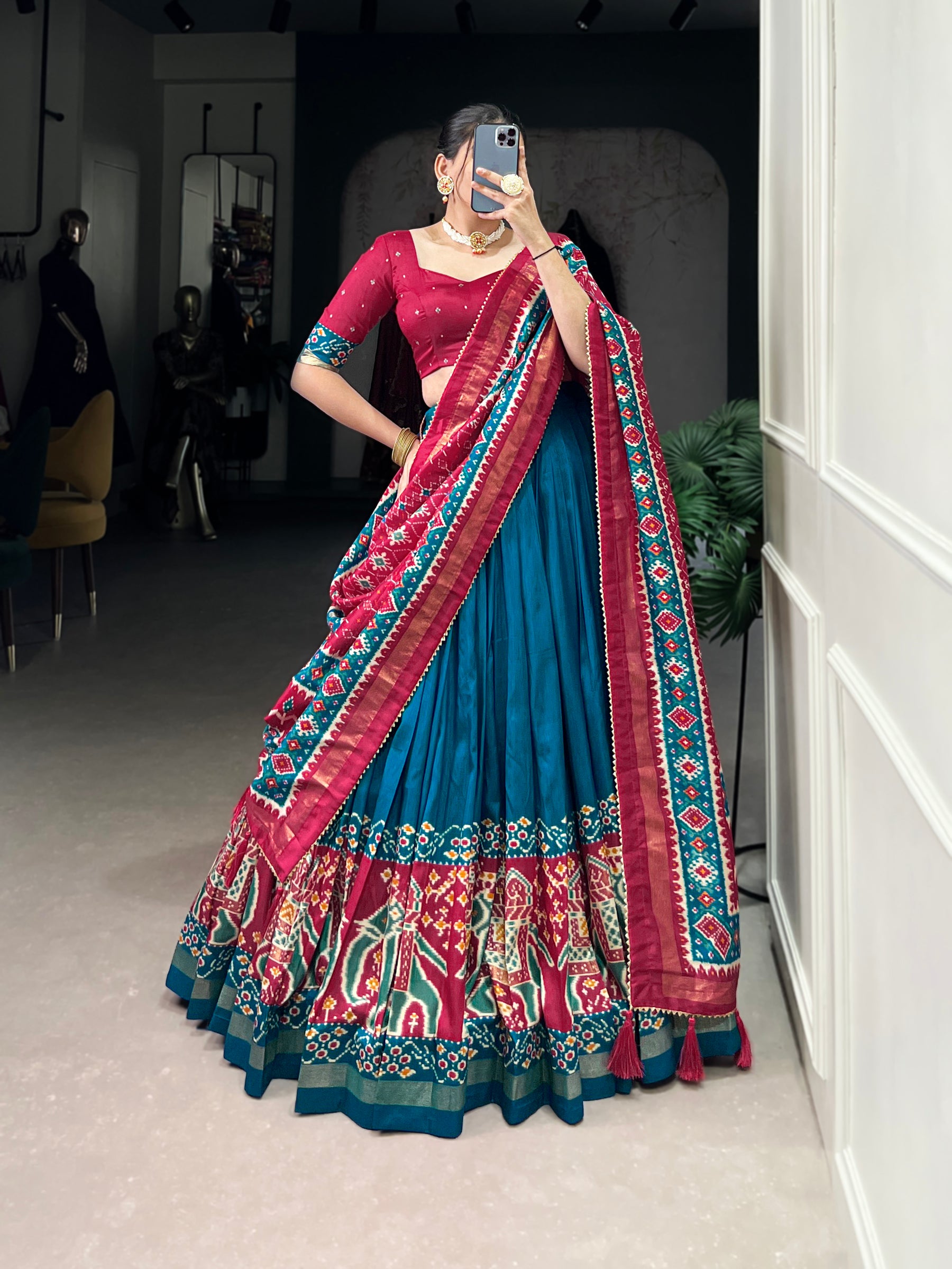 Ethnic Firoji & Pink Lehenga Choli with Tassels & Patola Print