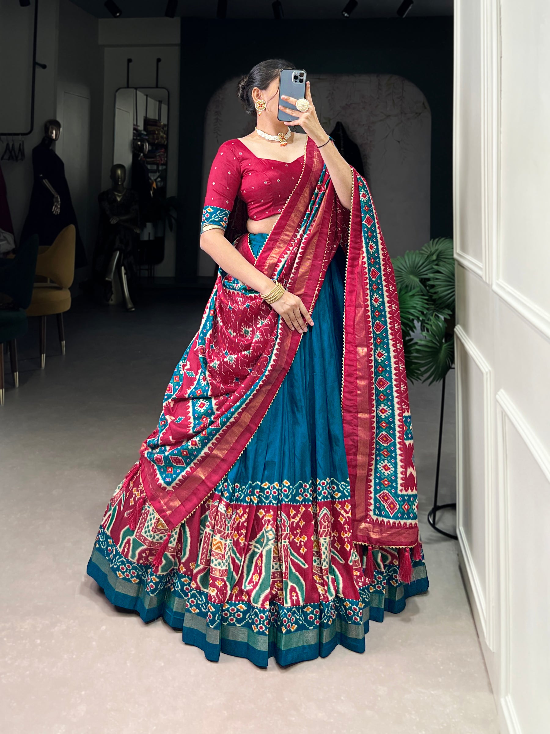 Ethnic Firoji & Pink Lehenga Choli with Tassels & Patola Print