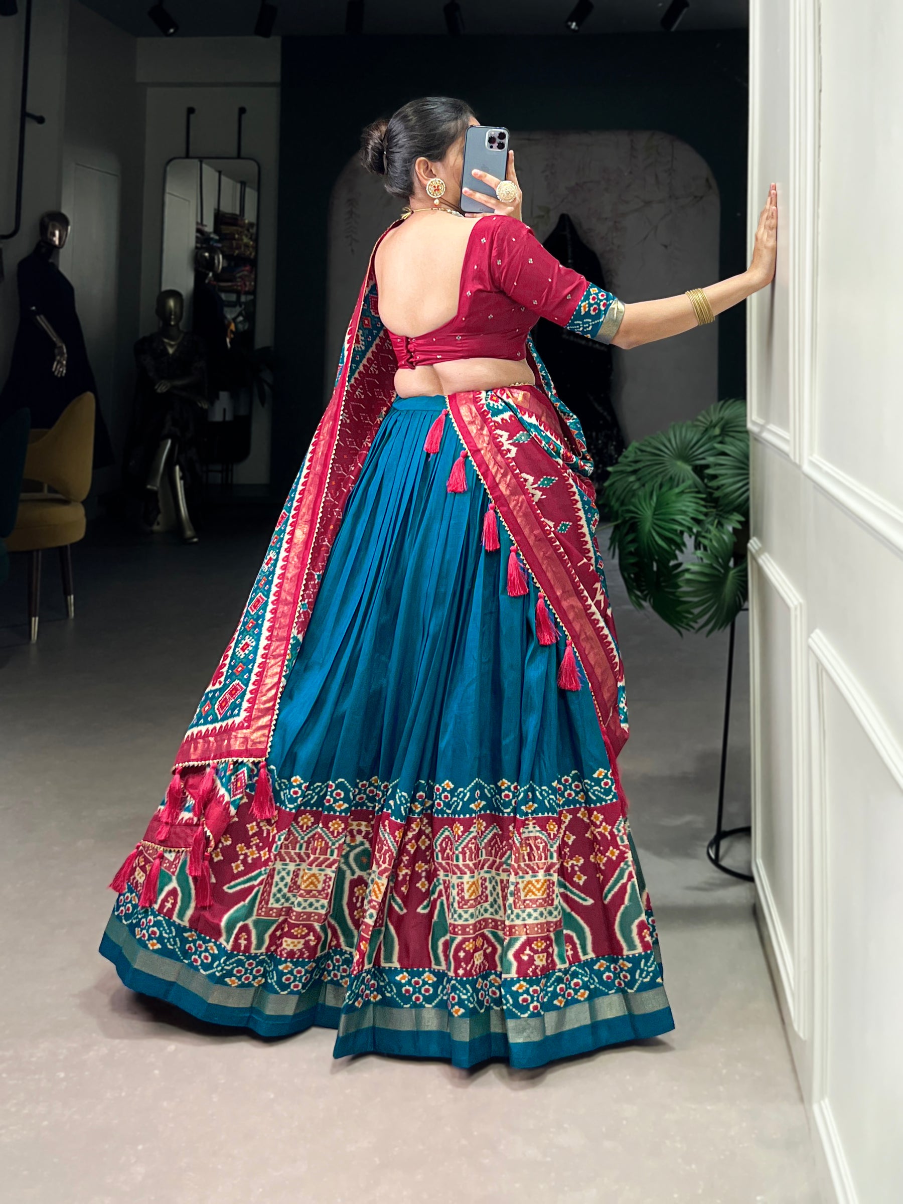 Ethnic Firoji & Pink Lehenga Choli with Tassels & Patola Print