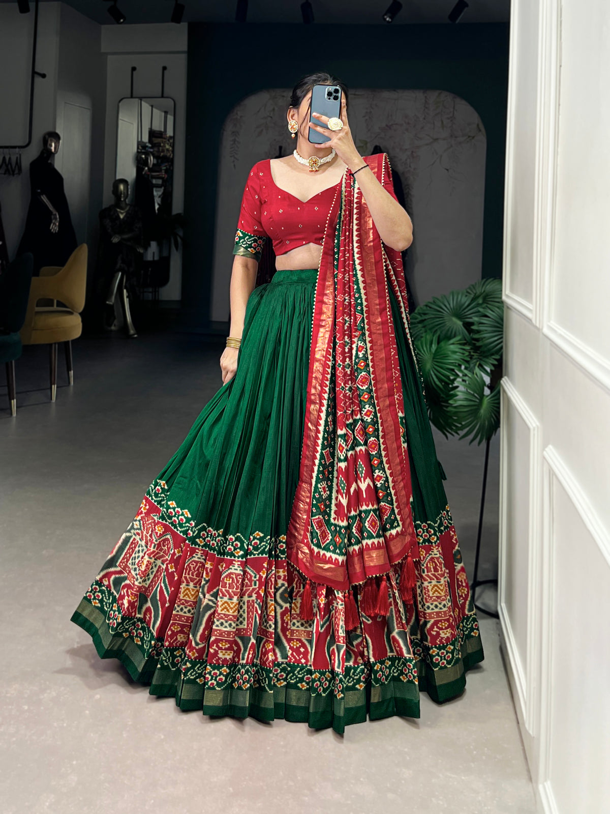 Ethnic Green & Red Lehenga Choli with Tassels & Patola Print