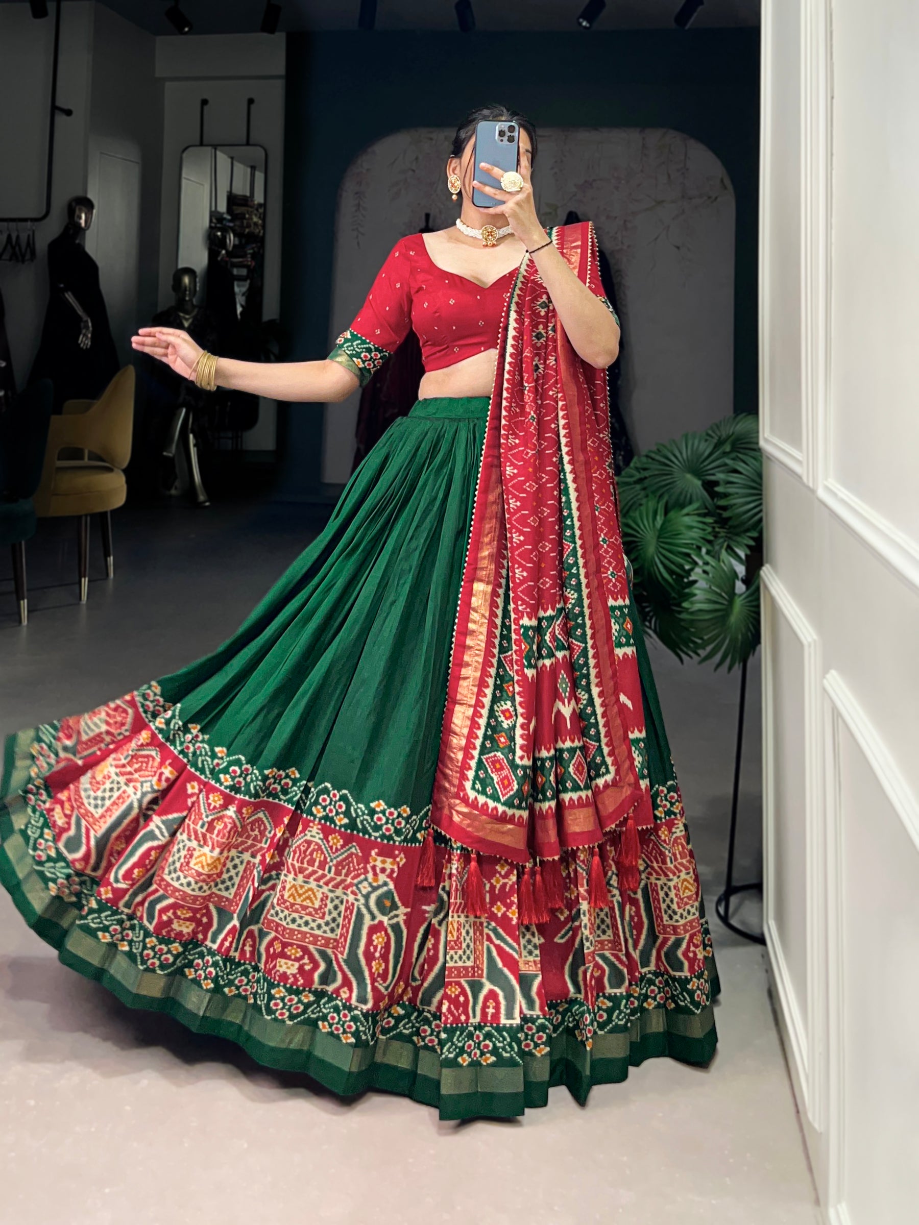 Ethnic Green & Red Lehenga Choli with Tassels & Patola Print