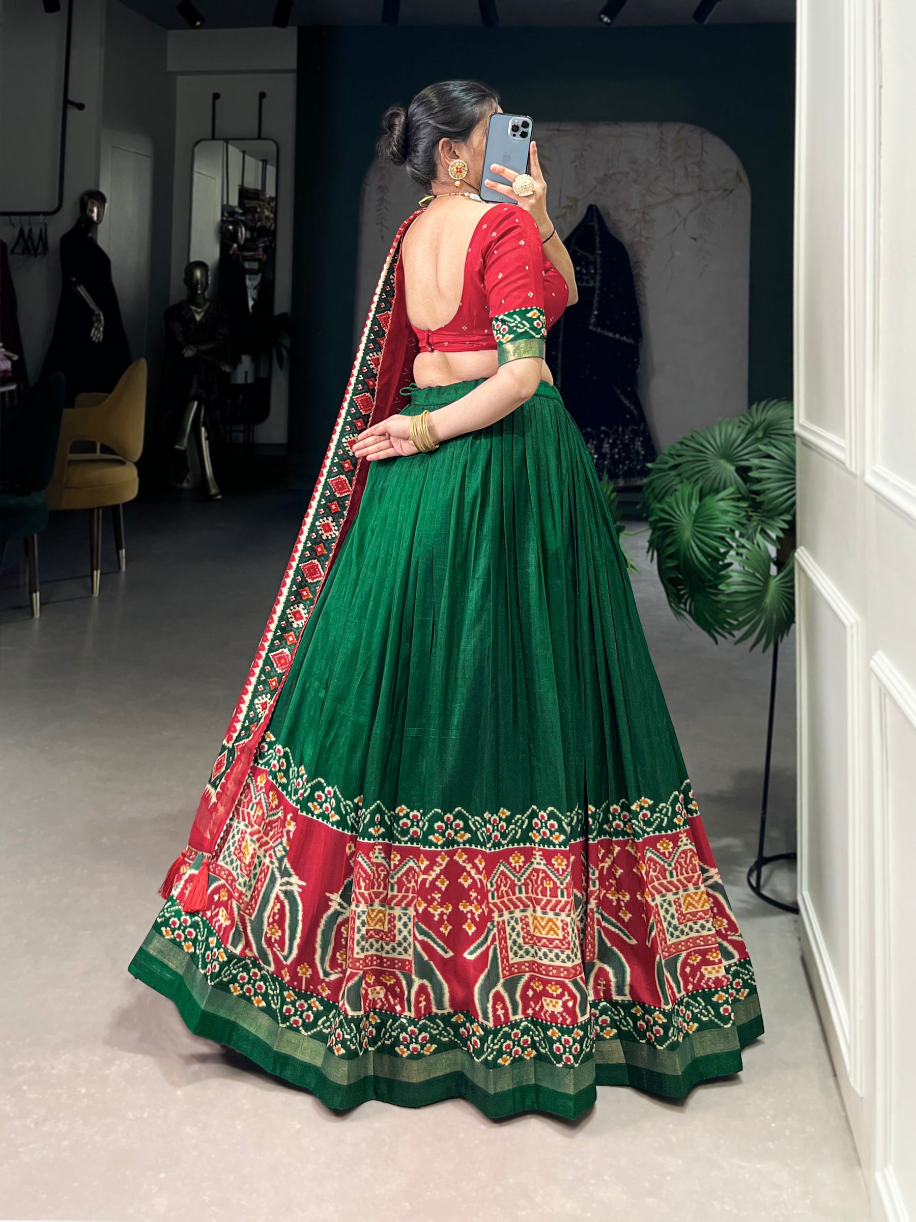 Ethnic Green & Red Lehenga Choli with Tassels & Patola Print