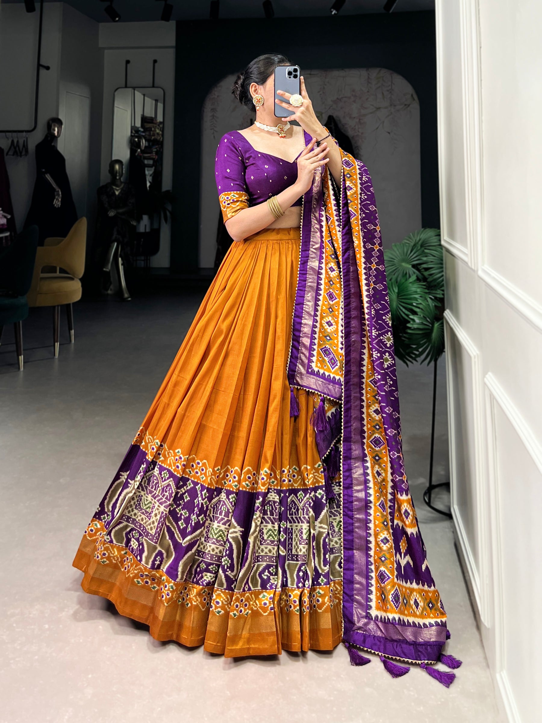 Ethnic Yellow & Purple Lehenga Choli with Tassels & Patola Print