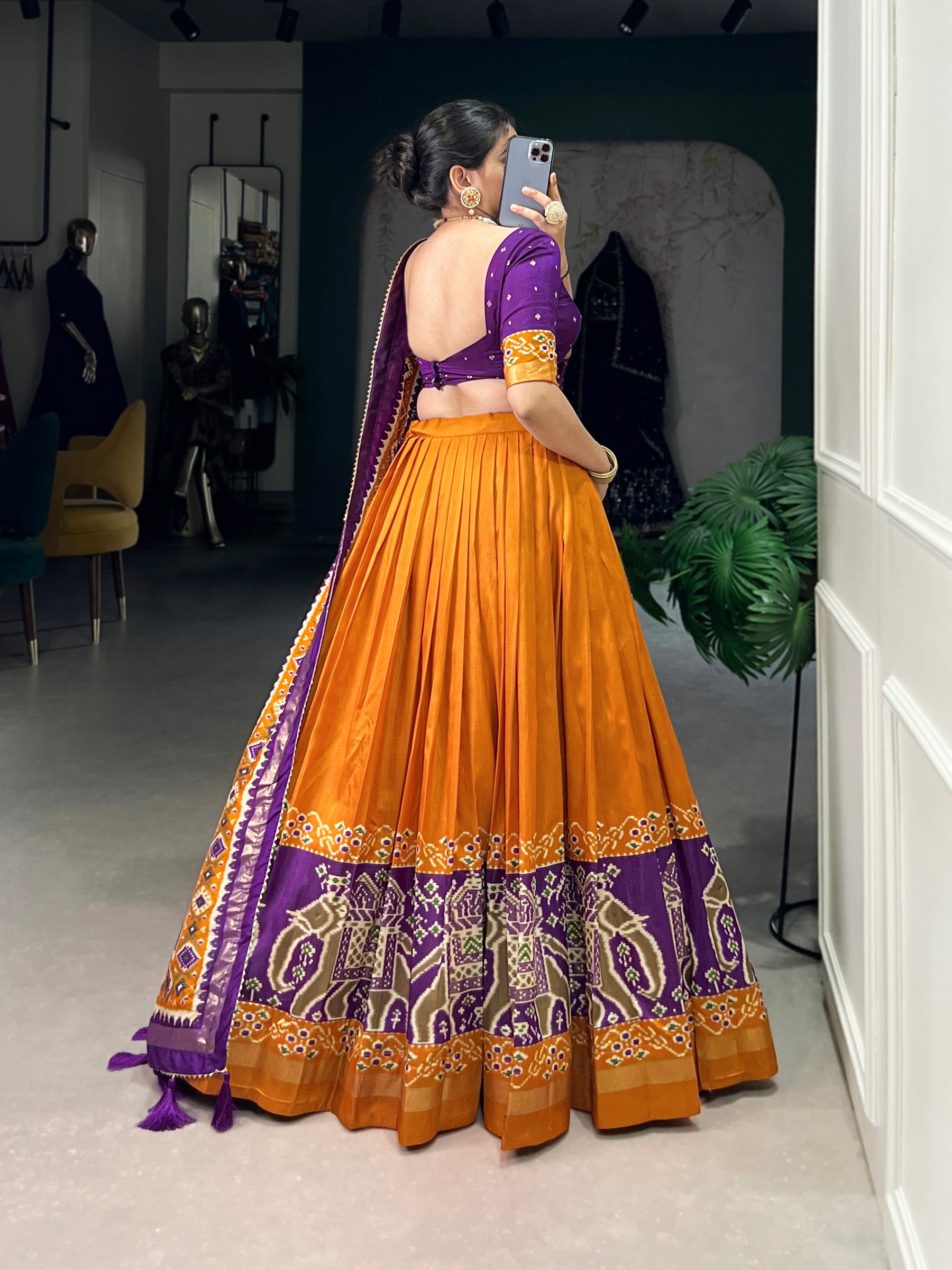 Ethnic Yellow & Purple Lehenga Choli with Tassels & Patola Print