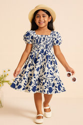 Girls Dress Puff Sleeve Smocked Dress – Floral Print Casual Sundress for Toddlers and Little Girls