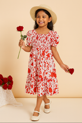 Girls Red Floral Puff-Sleeve Smocked Cotton Dress with Ruffle Hem