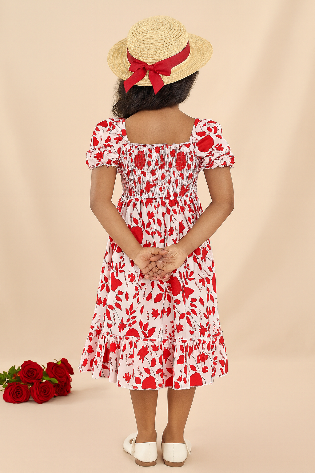 Girls Red Floral Puff-Sleeve Smocked Cotton Dress with Ruffle Hem