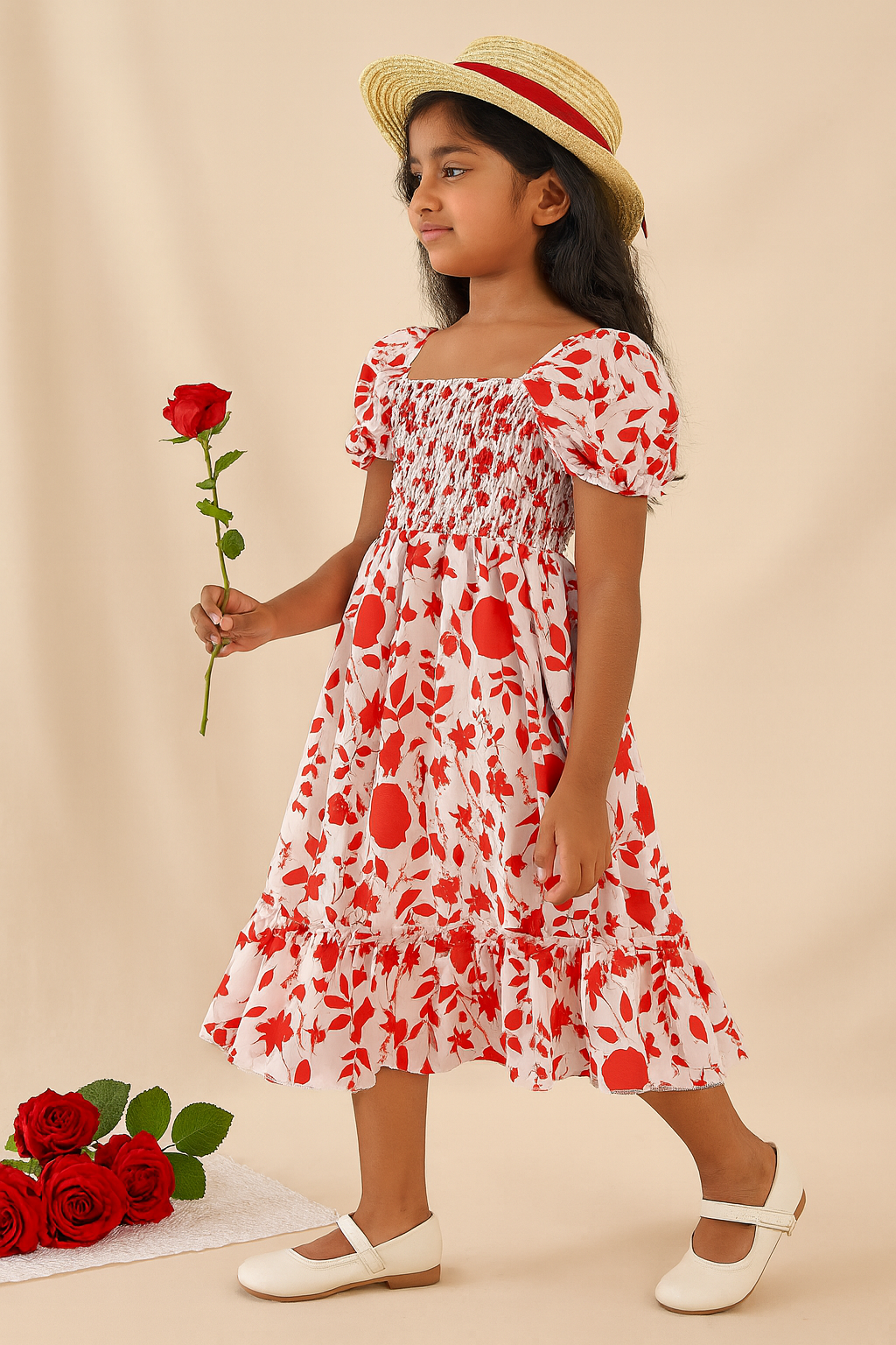 Girls Red Floral Puff-Sleeve Smocked Cotton Dress with Ruffle Hem