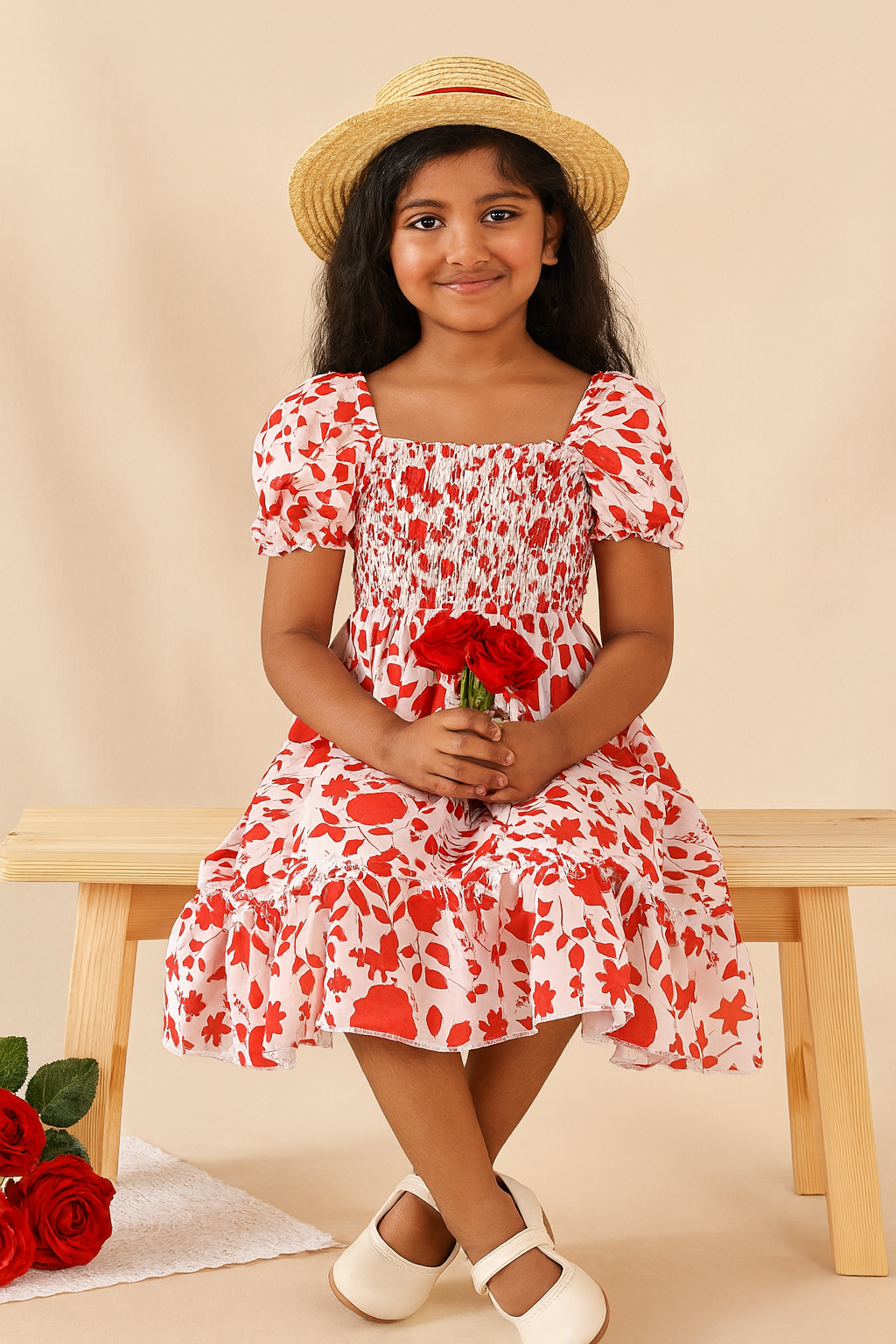 Girls Red Floral Puff-Sleeve Smocked Cotton Dress with Ruffle Hem