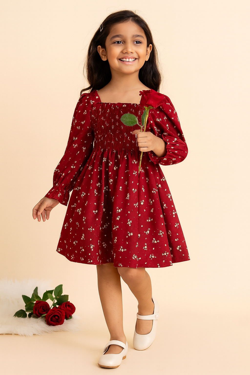 Girls Maroon Floral Long-Sleeve Smocked Cotton Dress – Elegant Party & Casual Wear