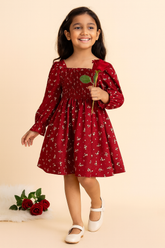 Girls Maroon Floral Long-Sleeve Smocked Cotton Dress – Elegant Party & Casual Wear