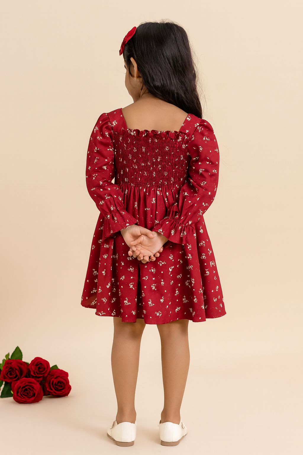 Girls Maroon Floral Long-Sleeve Smocked Cotton Dress – Elegant Party & Casual Wear