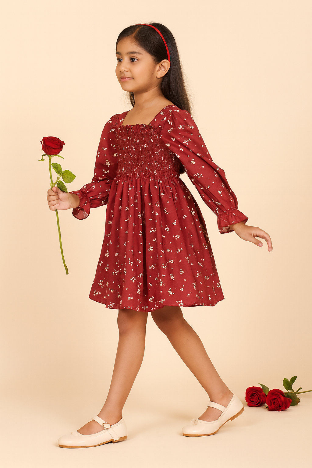 Girls Maroon Floral Long-Sleeve Smocked Cotton Dress – Elegant Party & Casual Wear