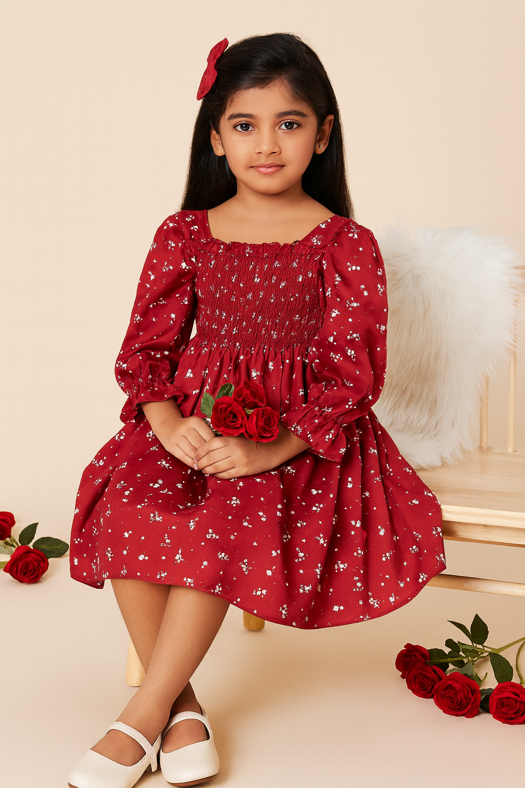 Girls Maroon Floral Long-Sleeve Smocked Cotton Dress – Elegant Party & Casual Wear