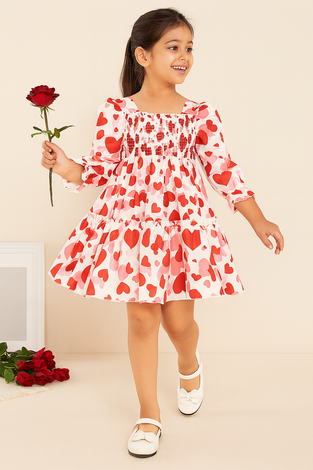 Girls Red Heart Print Long-Sleeve Smocked Cotton Dress – Party & Everyday Wear