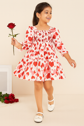 Girls Red Heart Print Long-Sleeve Smocked Cotton Dress – Party & Everyday Wear