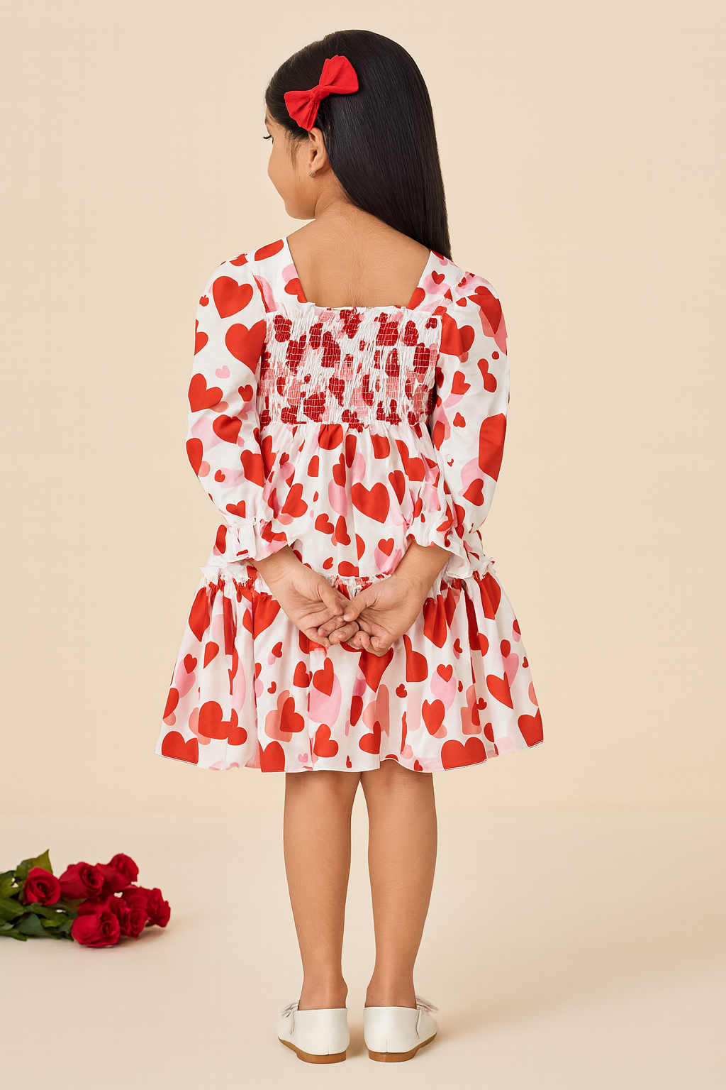 Girls Red Heart Print Long-Sleeve Smocked Cotton Dress – Party & Everyday Wear