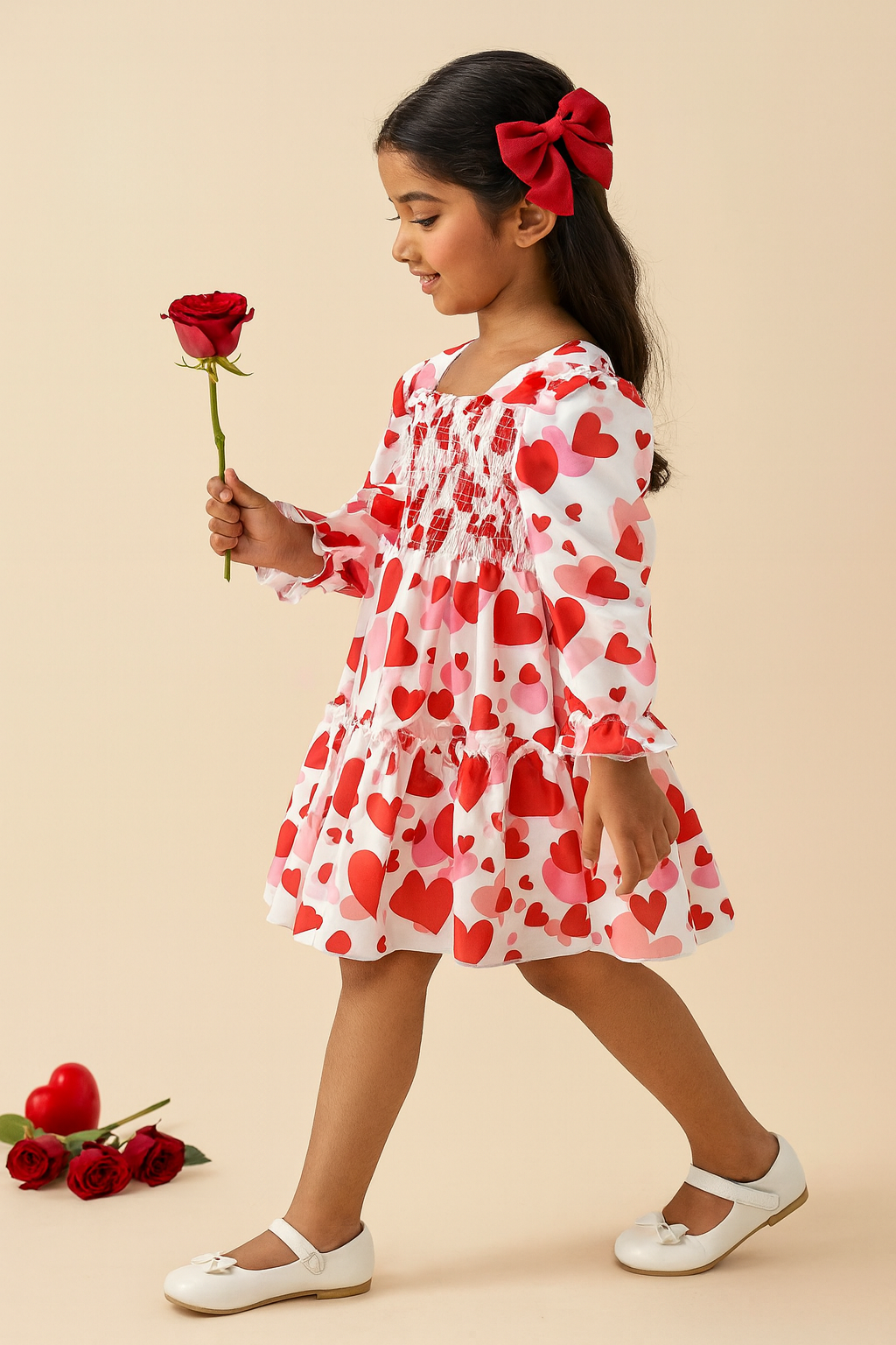 Girls Red Heart Print Long-Sleeve Smocked Cotton Dress – Party & Everyday Wear