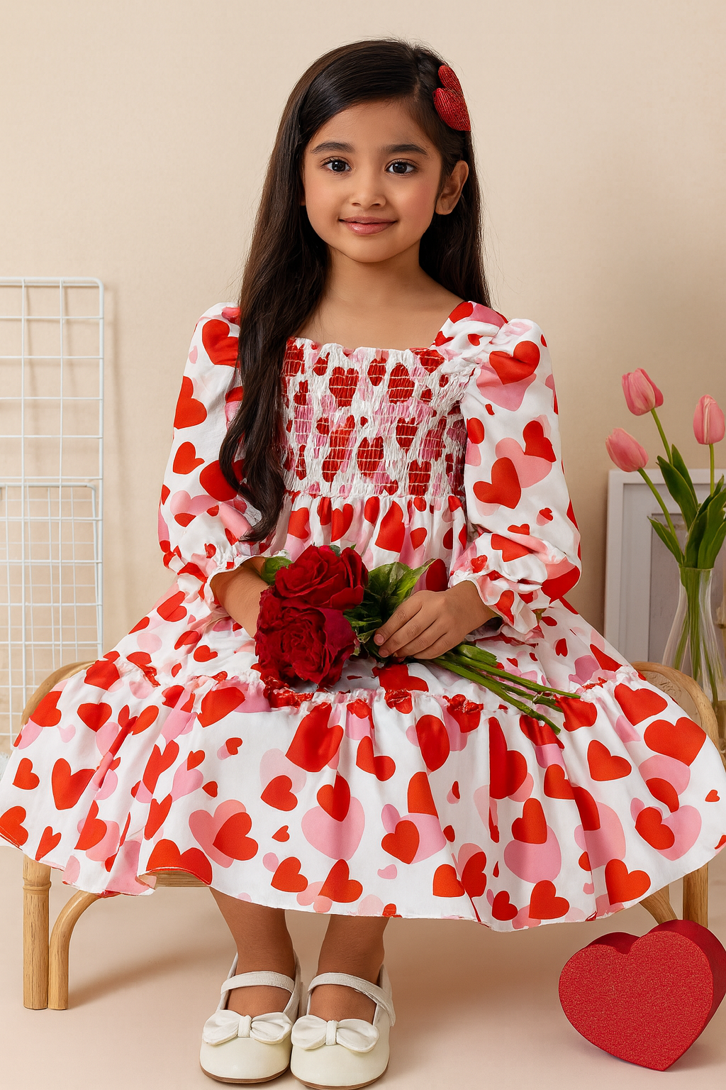 Girls Red Heart Print Long-Sleeve Smocked Cotton Dress – Party & Everyday Wear