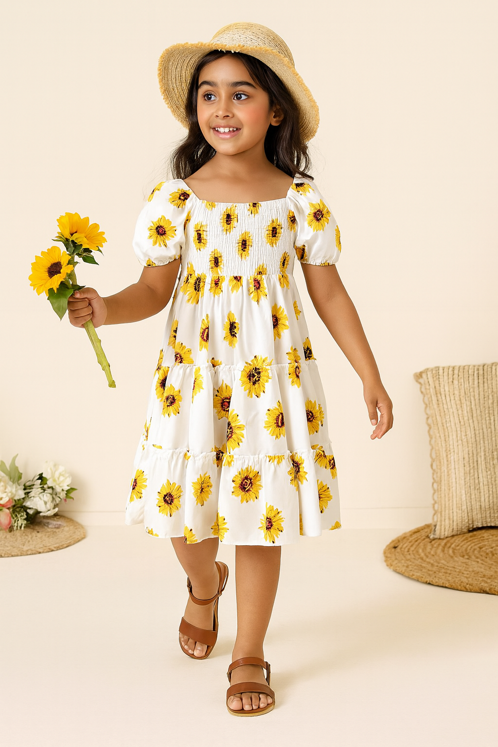 Kids Dress – Sunflower Print Ruffle Sleeve Cotton Midi kids Outfit