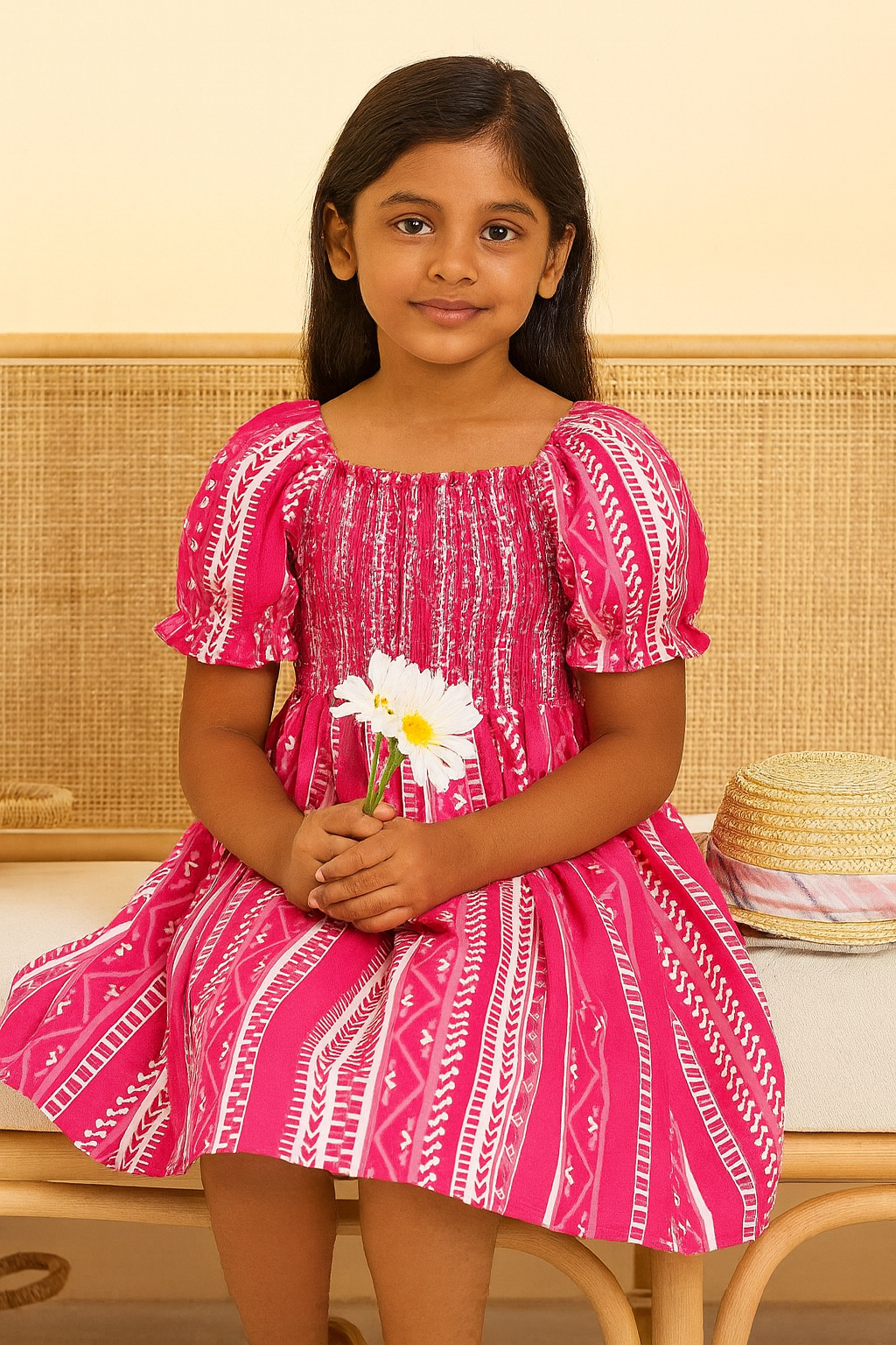 Baby Frock for Girls – Cotton Puff Sleeve Printed Dress for Toddlers & Kids | Stylish Smocked Frock