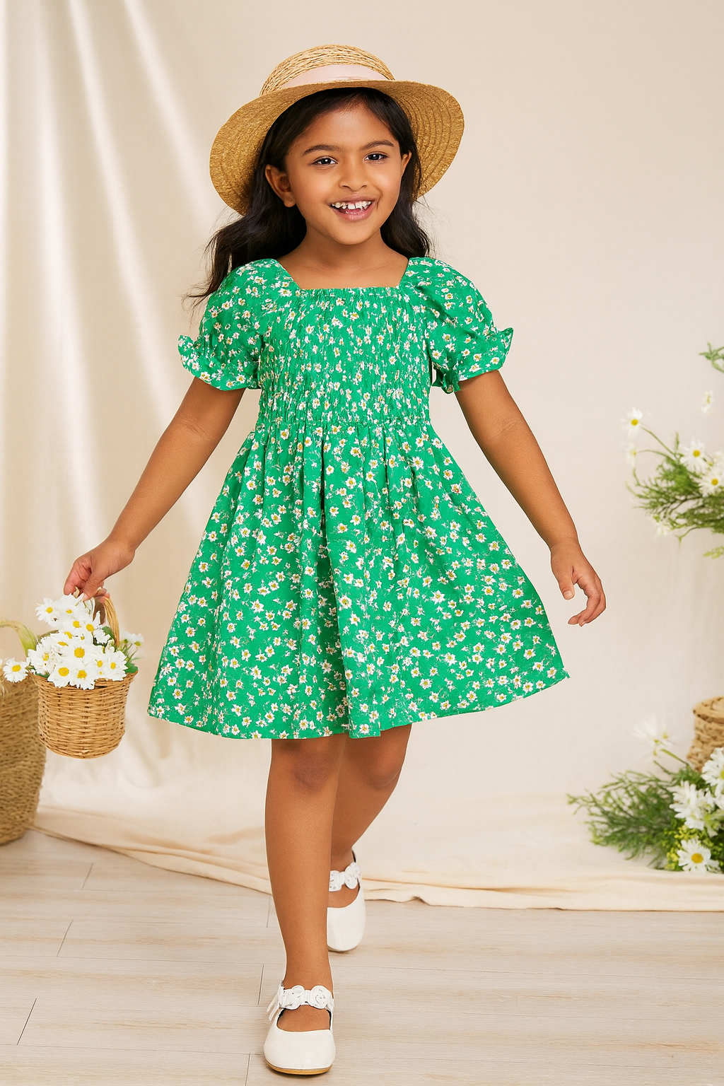 Baby Frock for Girls – Green Floral Cotton Dress with Puff Sleeves | Comfortable Frock for Toddlers & Kids
