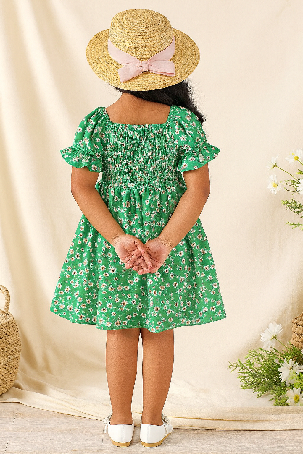 Baby Frock for Girls – Green Floral Cotton Dress with Puff Sleeves | Comfortable Frock for Toddlers & Kids