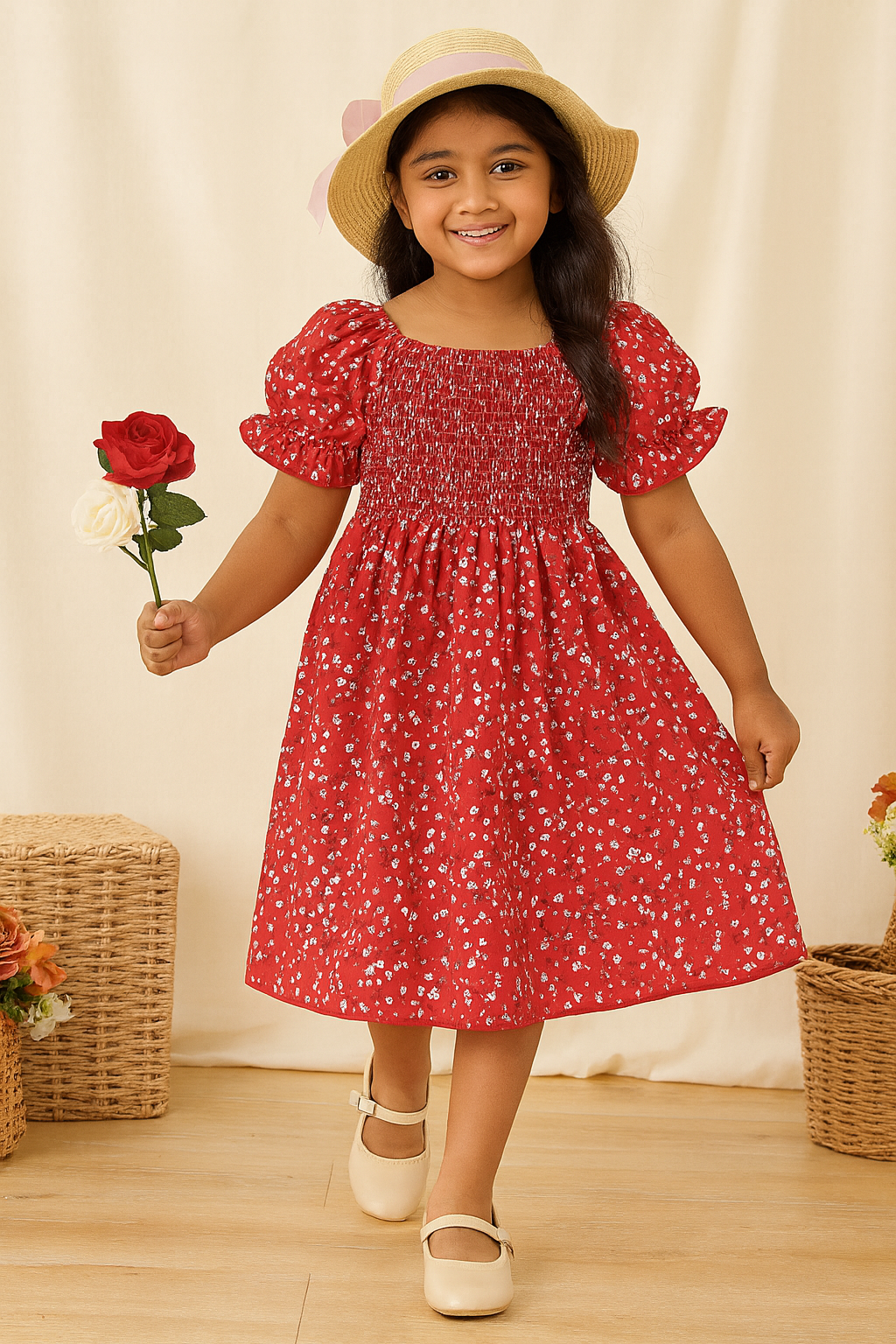 Stylish Red Floral Kids Frock for Girls – Soft Cotton Dress with Puff Sleeves | Party & Casual Wear