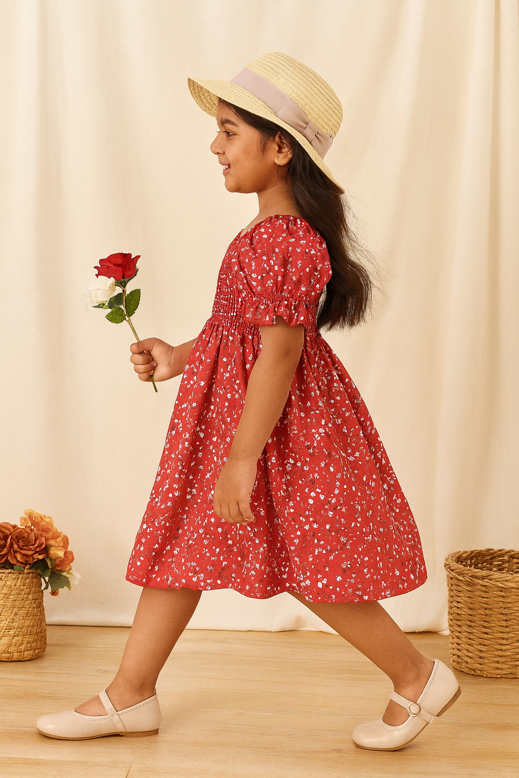 Stylish Red Floral Kids Frock for Girls – Soft Cotton Dress with Puff Sleeves | Party & Casual Wear