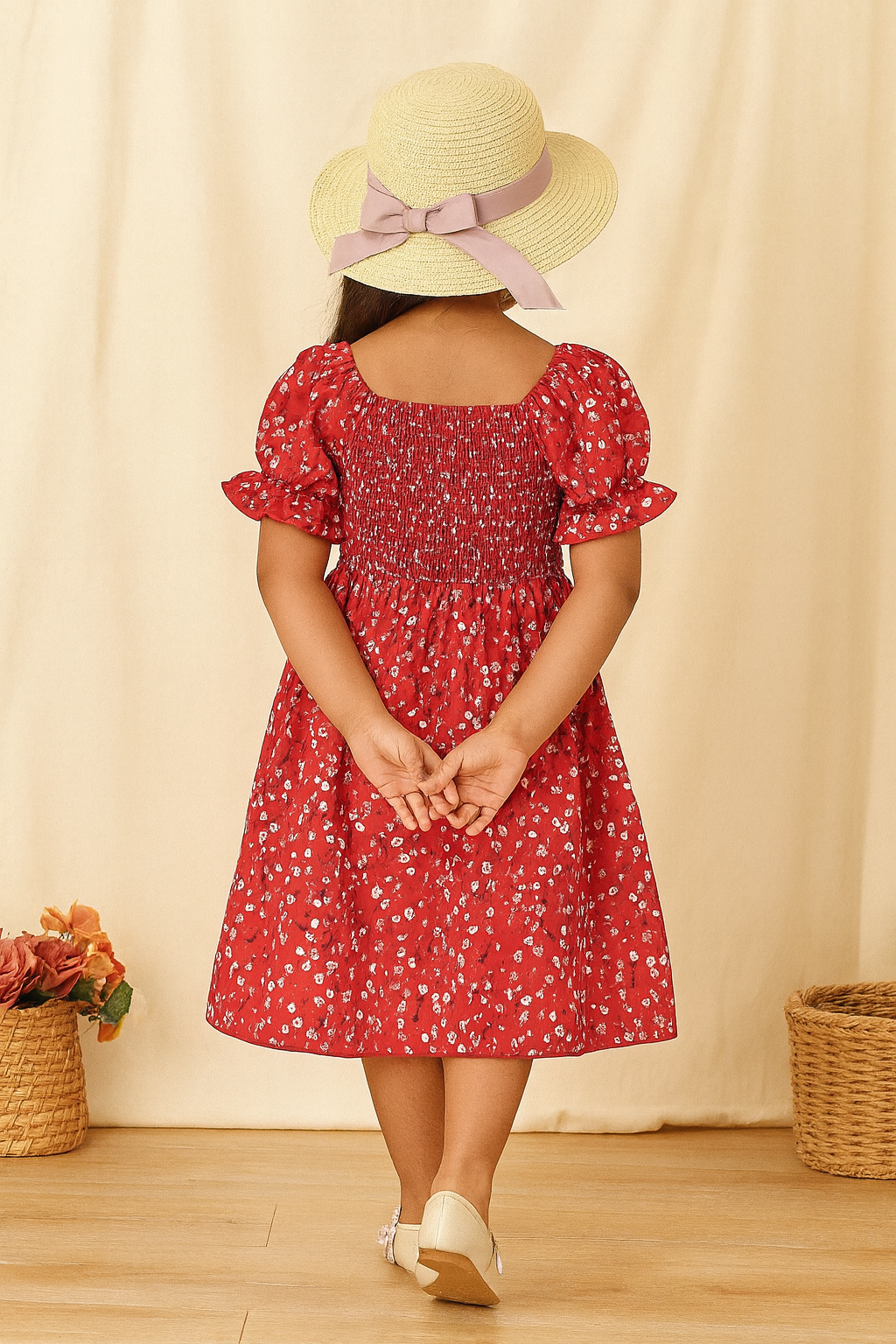 Stylish Red Floral Kids Frock for Girls – Soft Cotton Dress with Puff Sleeves | Party & Casual Wear