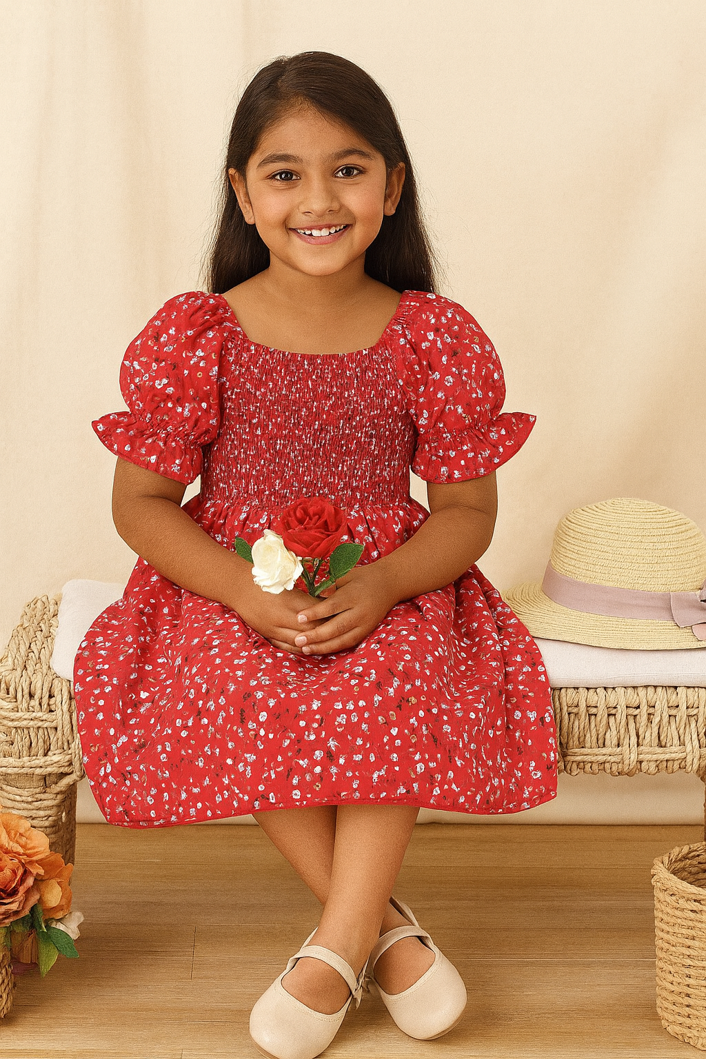 Stylish Red Floral Kids Frock for Girls – Soft Cotton Dress with Puff Sleeves | Party & Casual Wear