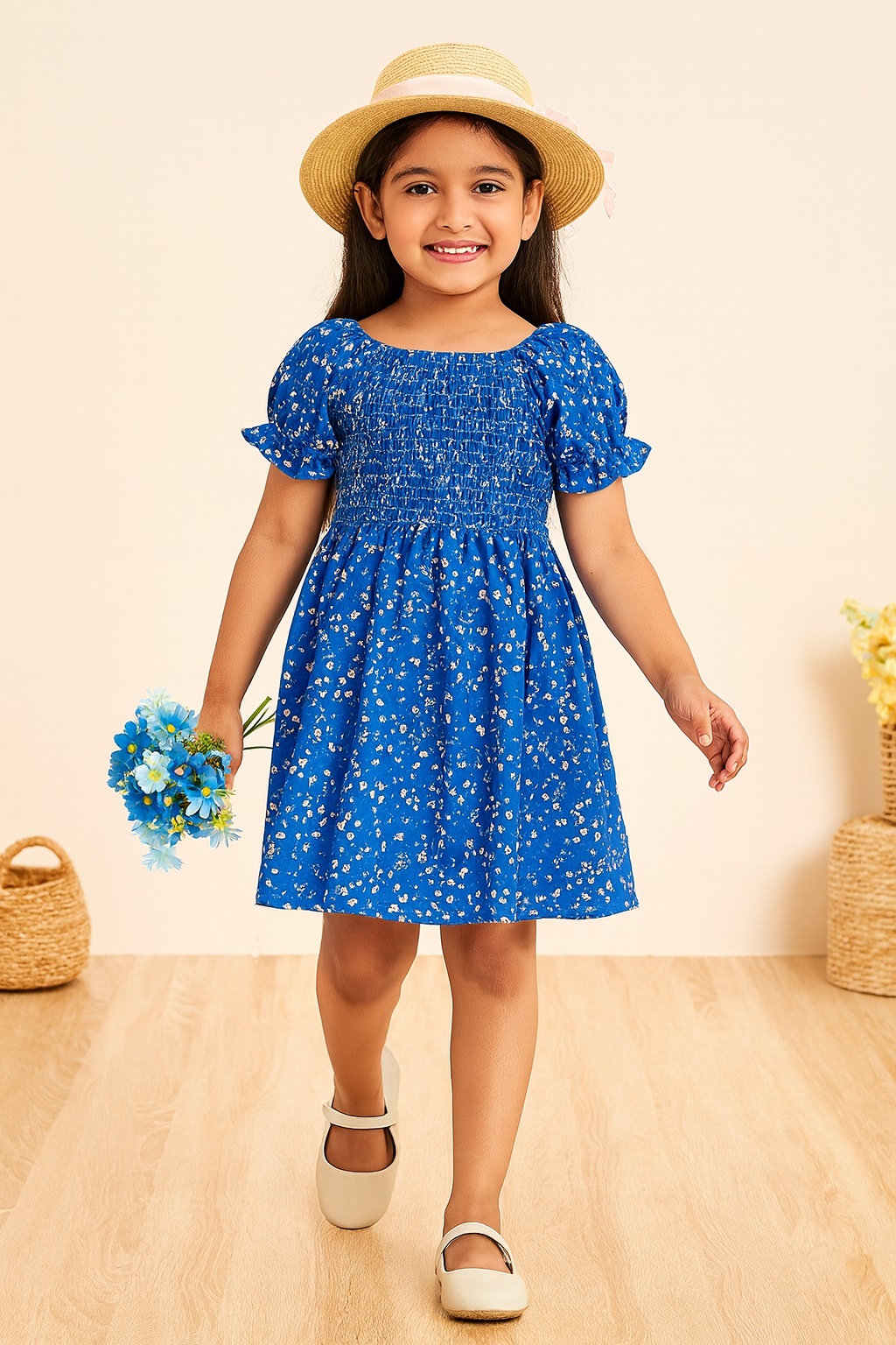 Baby Frock for Girls – Blue Floral Cotton Dress with Puff Sleeves