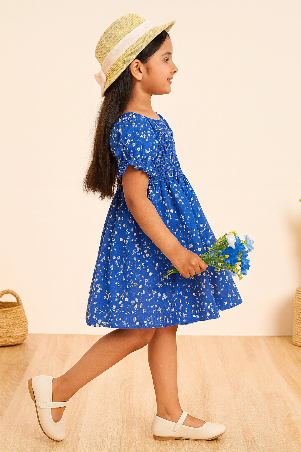 Baby Frock for Girls - Stylish Blue Floral Printed Cotton Dress with Puff Sleeves | Comfortable Wear for Kids