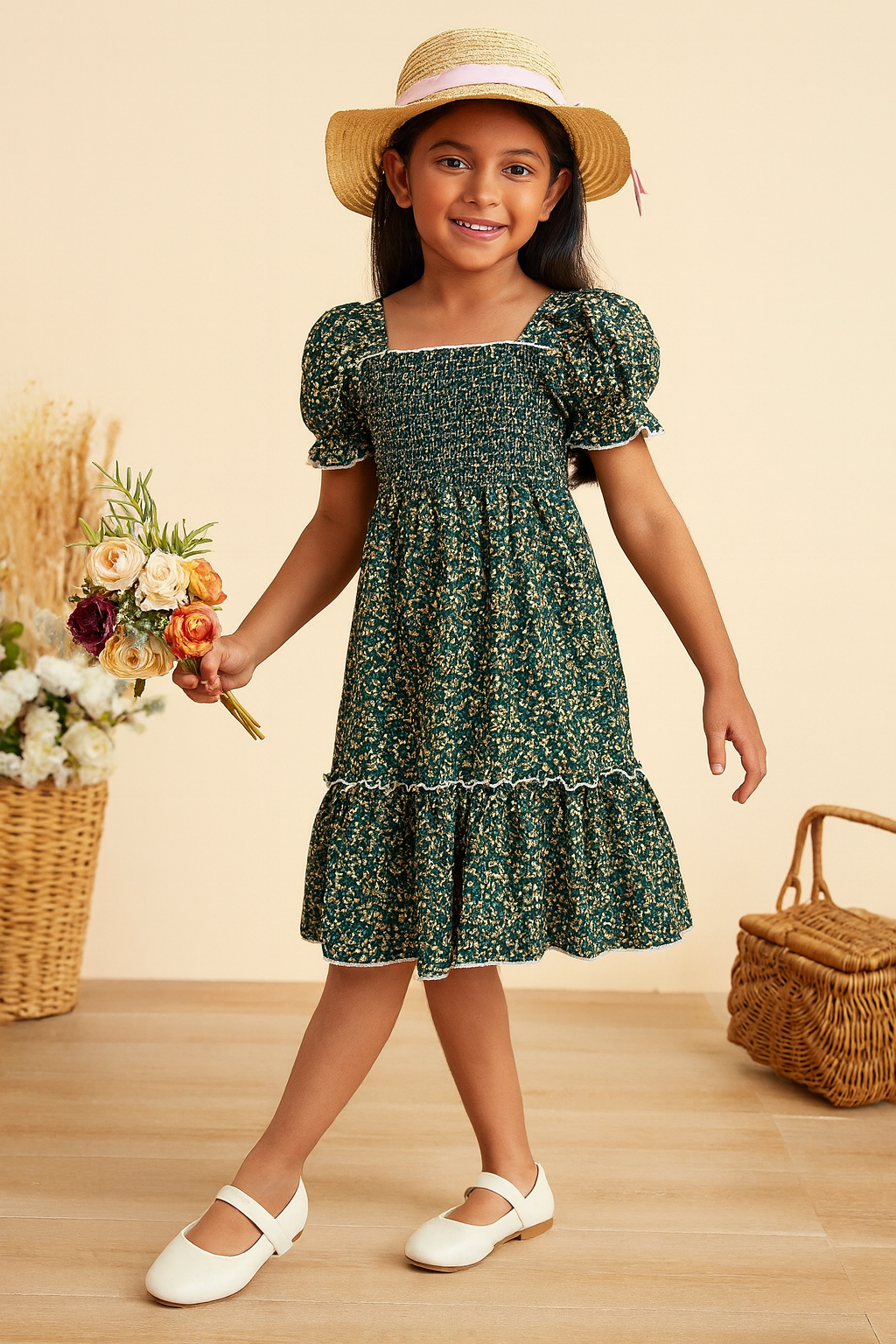 Girls Green Floral Smocked Puff Sleeve Midi Kids Dress – Casual Outfit for Toddlers & Little Girls