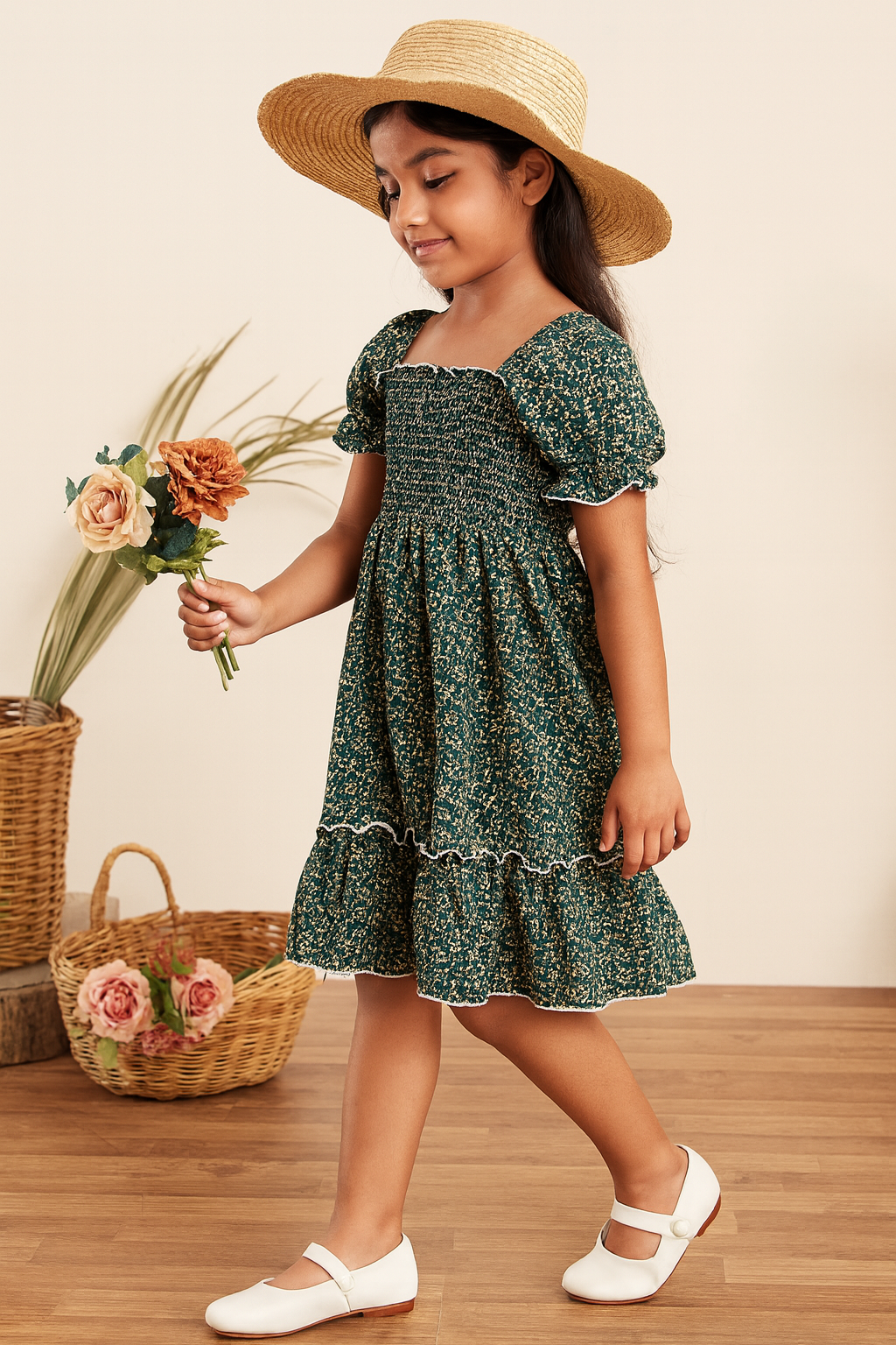 Girls Green Floral Smocked Puff Sleeve Midi Kids Dress – Casual Outfit for Toddlers & Little Girls