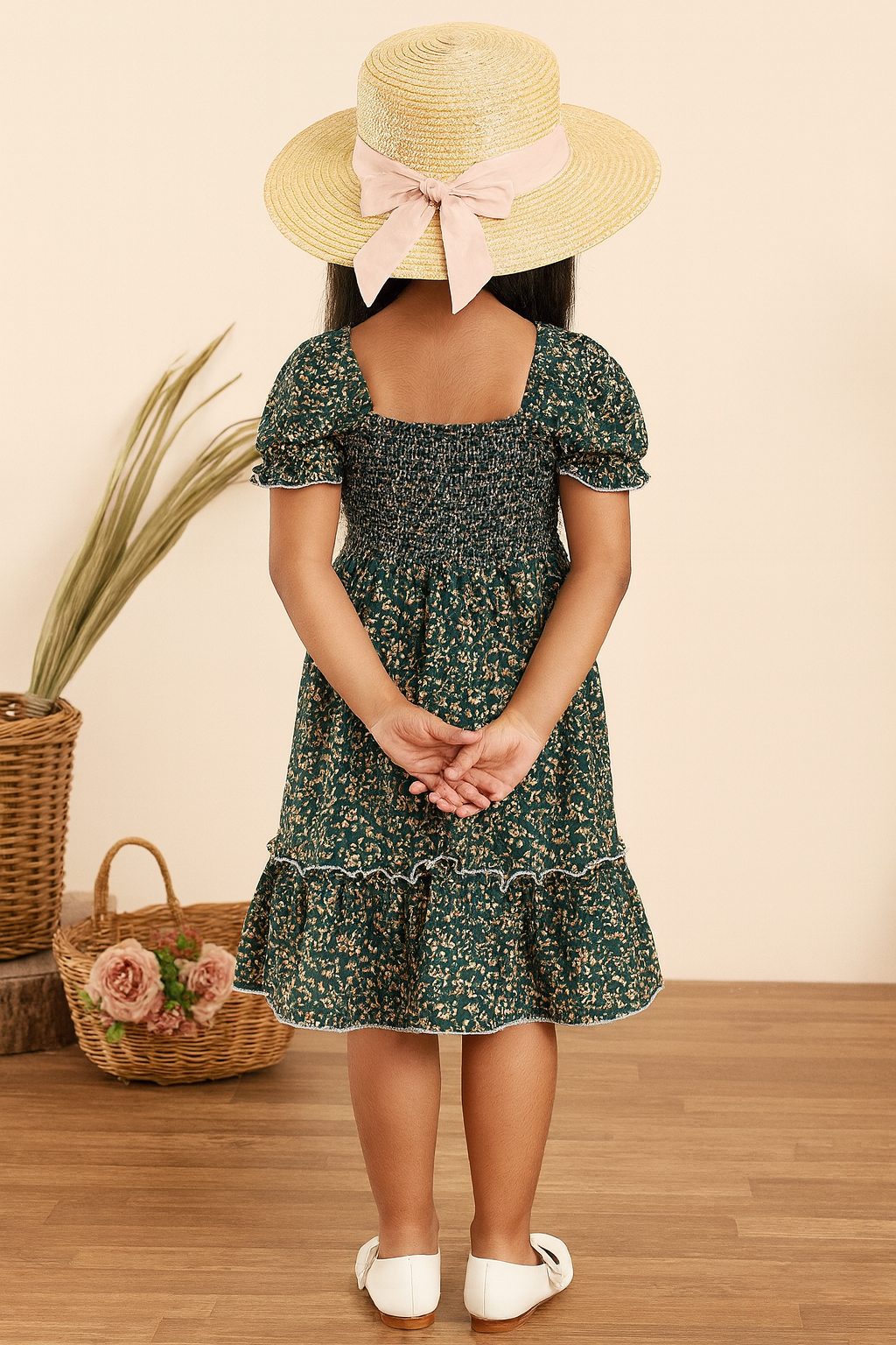 Girls Green Floral Smocked Puff Sleeve Midi Kids Dress – Casual Outfit for Toddlers & Little Girls