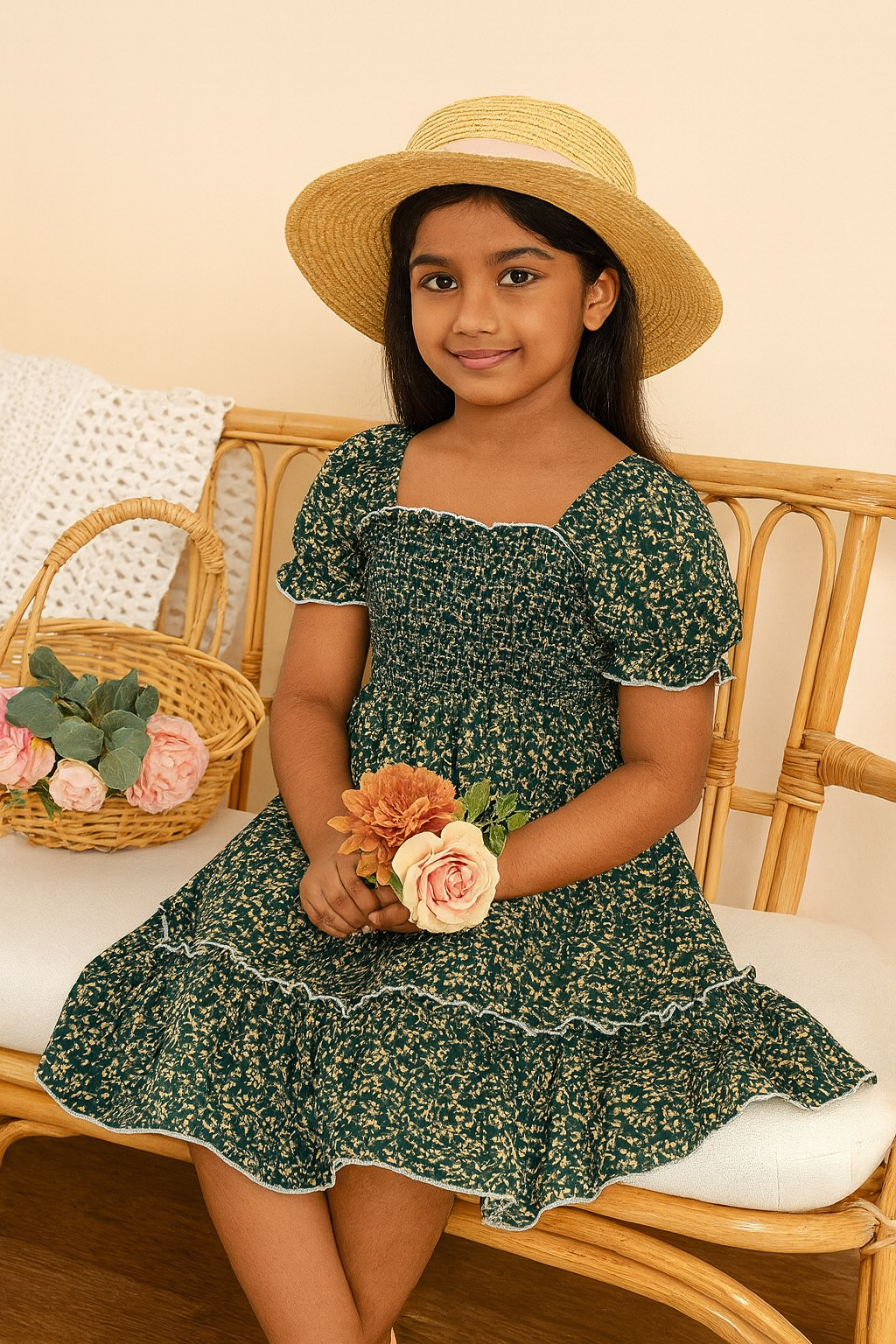 Girls Green Floral Smocked Puff Sleeve Midi Kids Dress – Casual Outfit for Toddlers & Little Girls