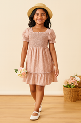 Girls Smocked Puff Sleeve Kids Dress – Soft Pink Floral Ruffle Midi Dress for Toddlers & Girls