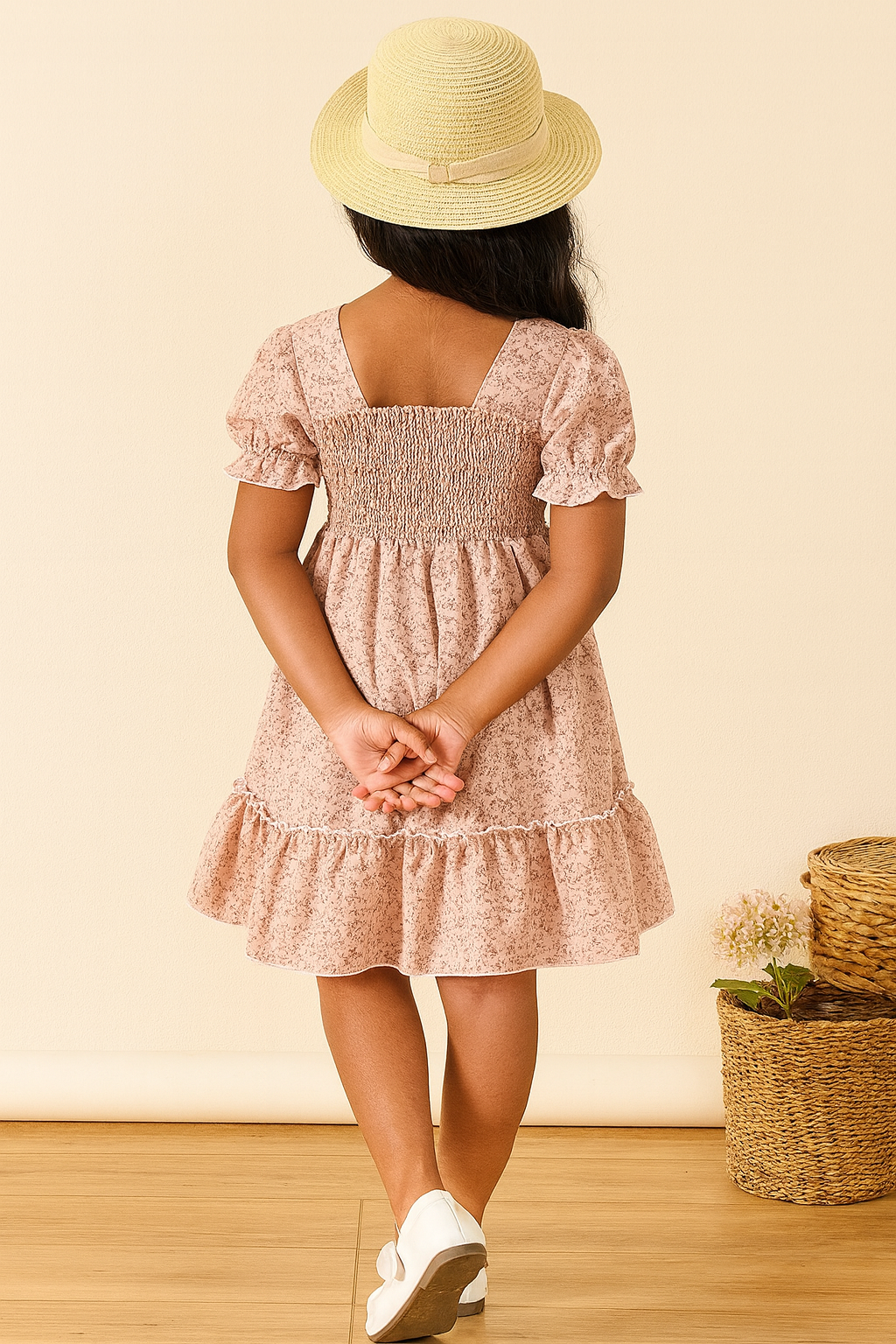 Girls Smocked Puff Sleeve Kids Dress – Soft Pink Floral Ruffle Midi Dress for Toddlers & Girls