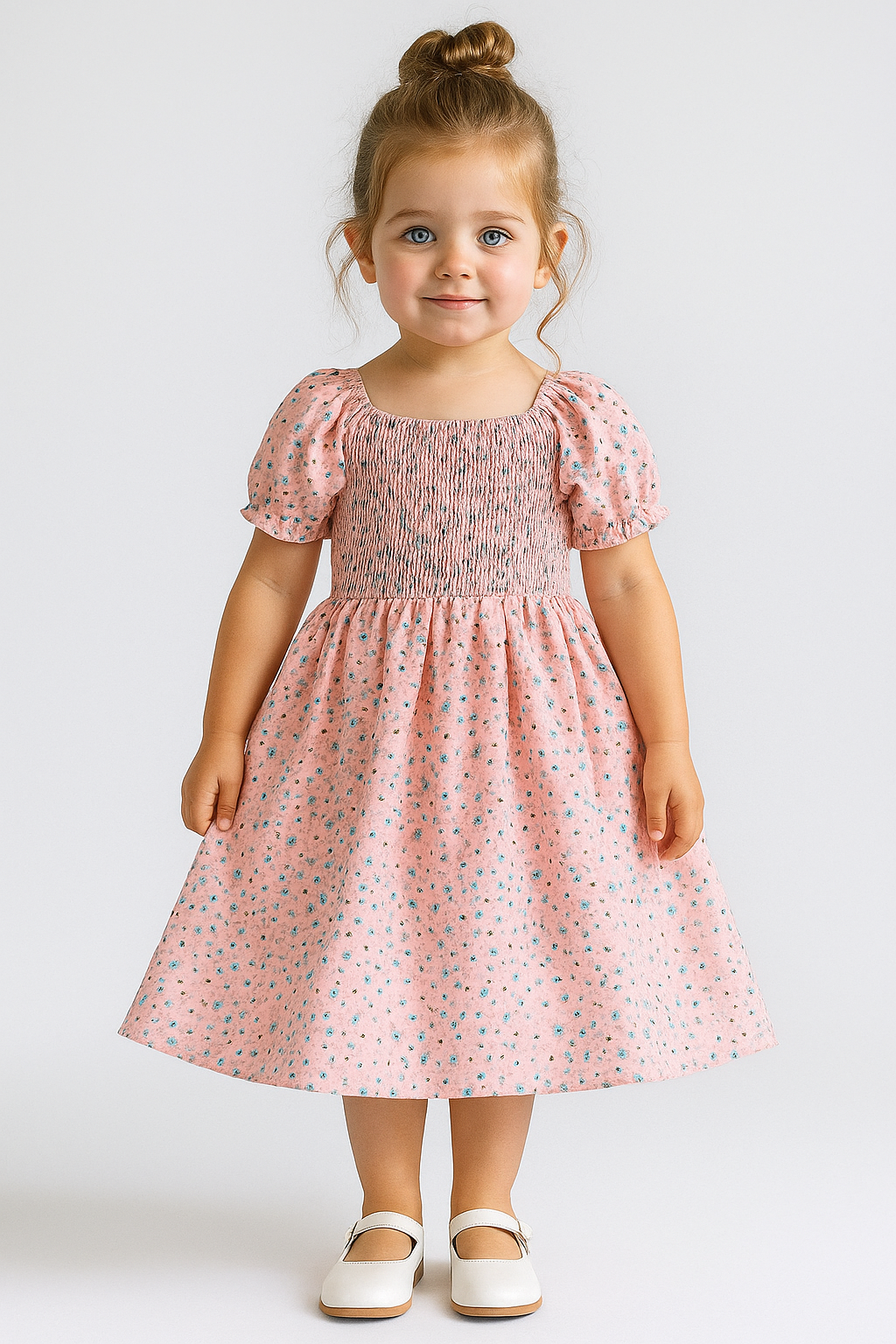 Girls Dress – Pink Floral Smocked Puff Sleeve Dress for Toddler and Ba