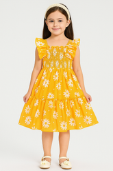 Girls Yellow Daisy Print Smocked Dress with Ruffled Sleeves – Stylish and Comfortable Dress