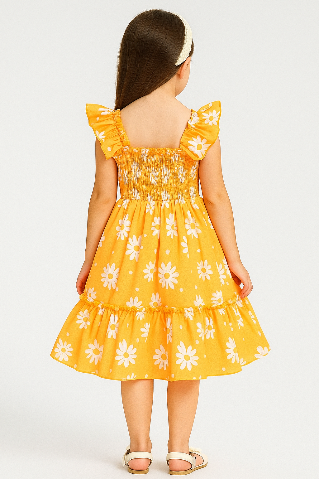 Girls Yellow Daisy Print Smocked Dress with Ruffled Sleeves – Stylish and Comfortable Dress