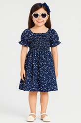Girls Navy Blue Floral Print Smocked Dress with Puff Sleeves – Stylish and Comfortable Dress