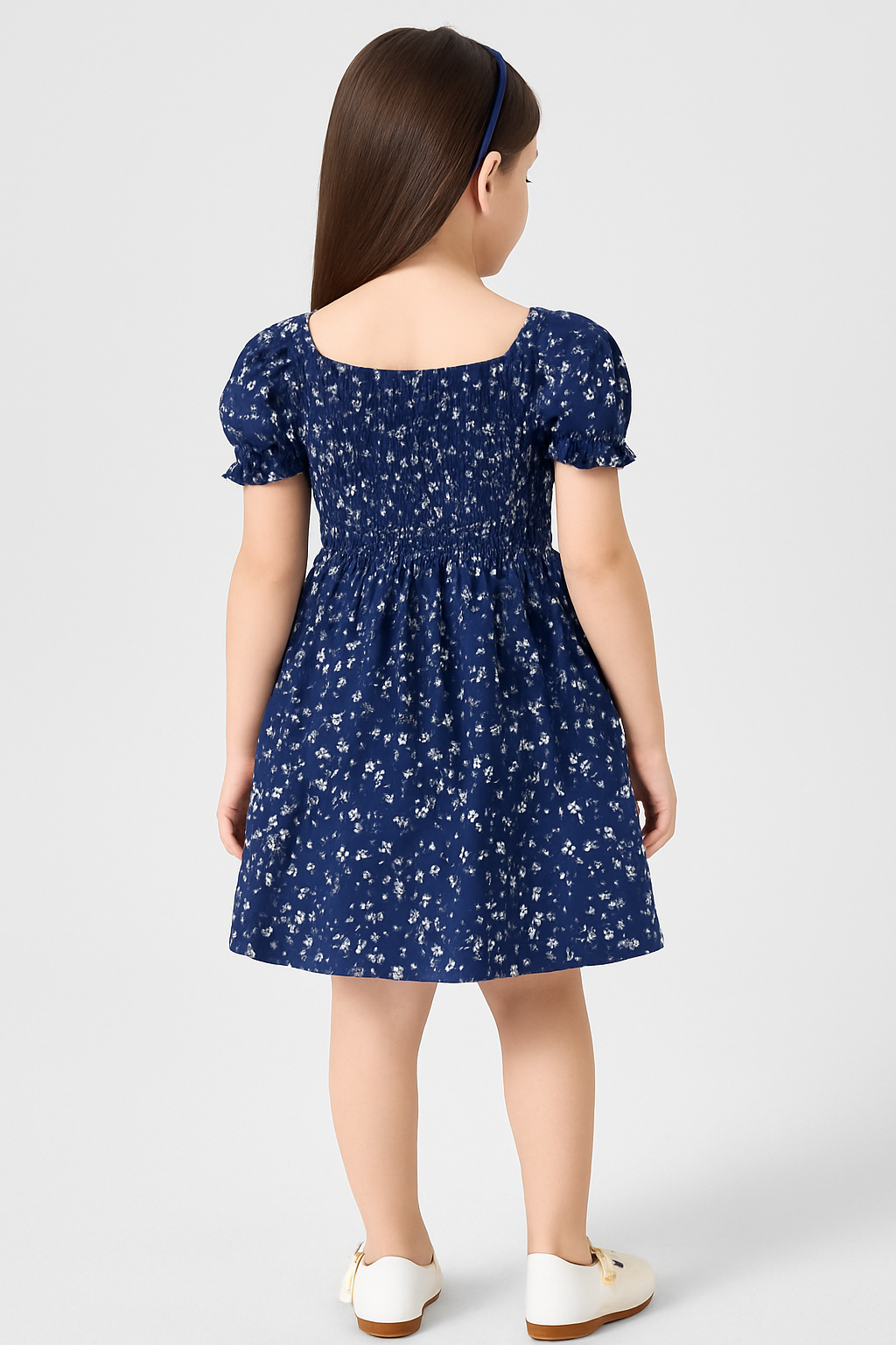 Girls Navy Blue Floral Print Smocked Dress with Puff Sleeves – Stylish and Comfortable Dress