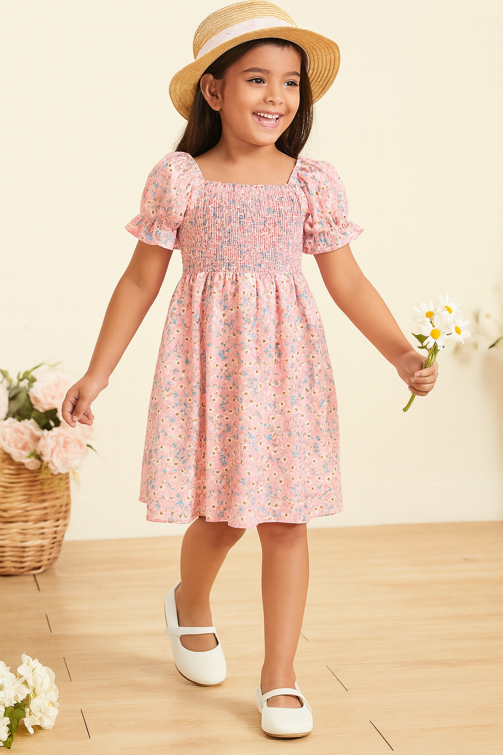 Glamgait Pink Color Flower Printed Short Sleeve Midi Girls Dress