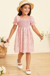 Glamgait Pink Color Flower Printed Short Sleeve Midi Girls Dress
