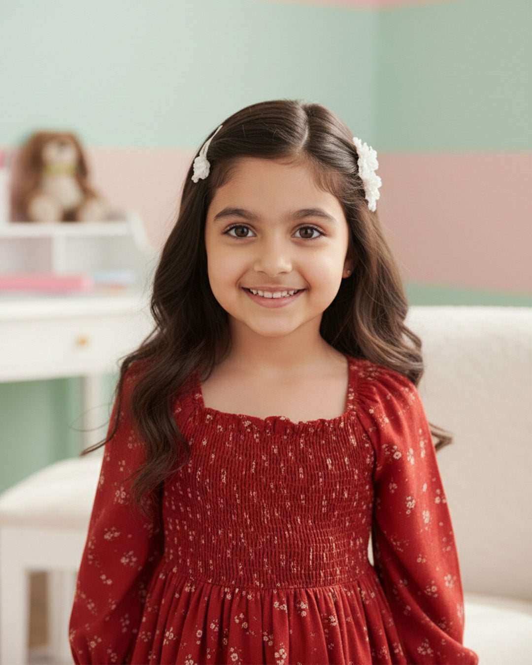 Girls Maroon Floral Long-Sleeve Smocked Cotton Dress – Elegant Party & Casual Wear